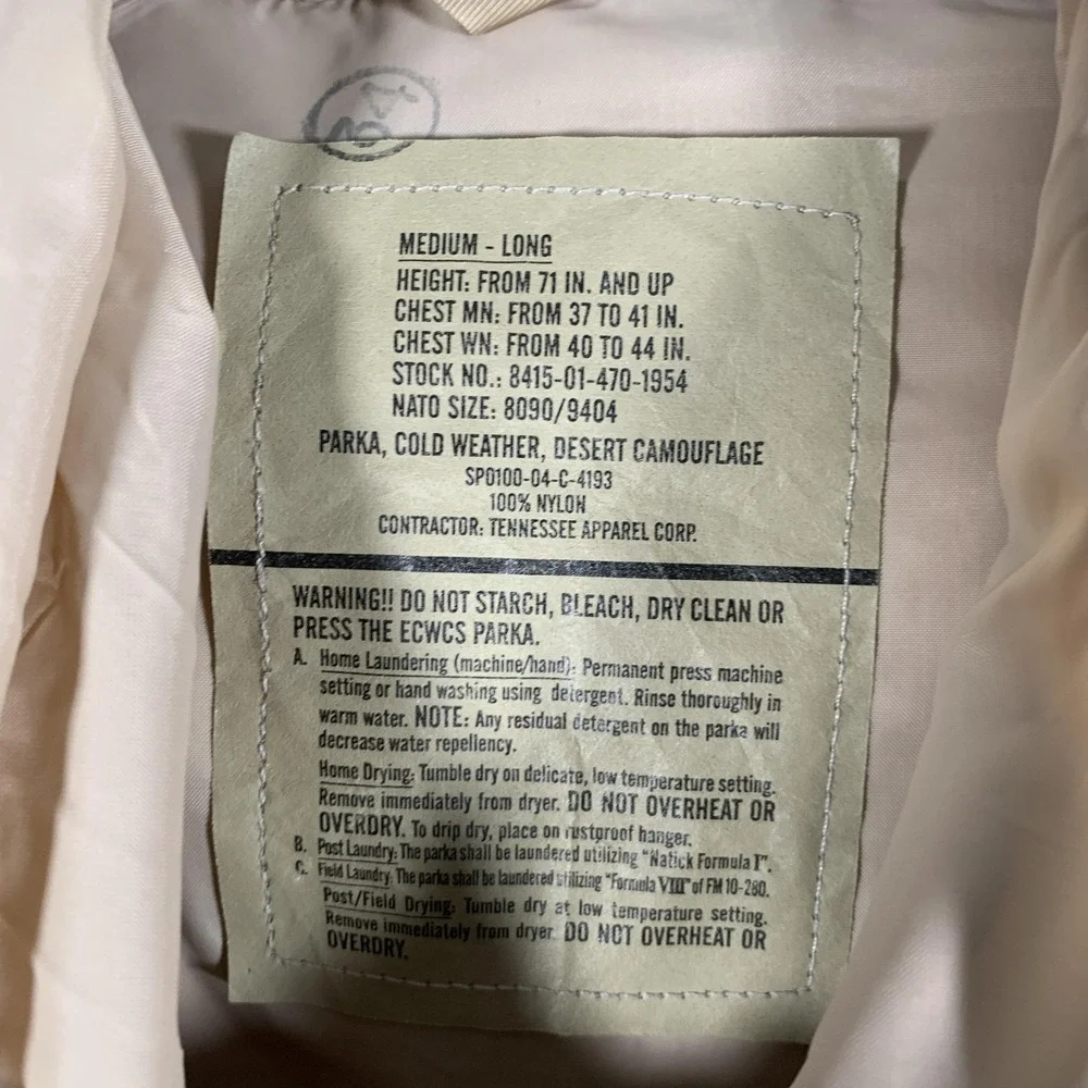 Tennessee Apparel Corp Parka Mens Medium‎ Long Cold Weather Desert Camo ECWCS